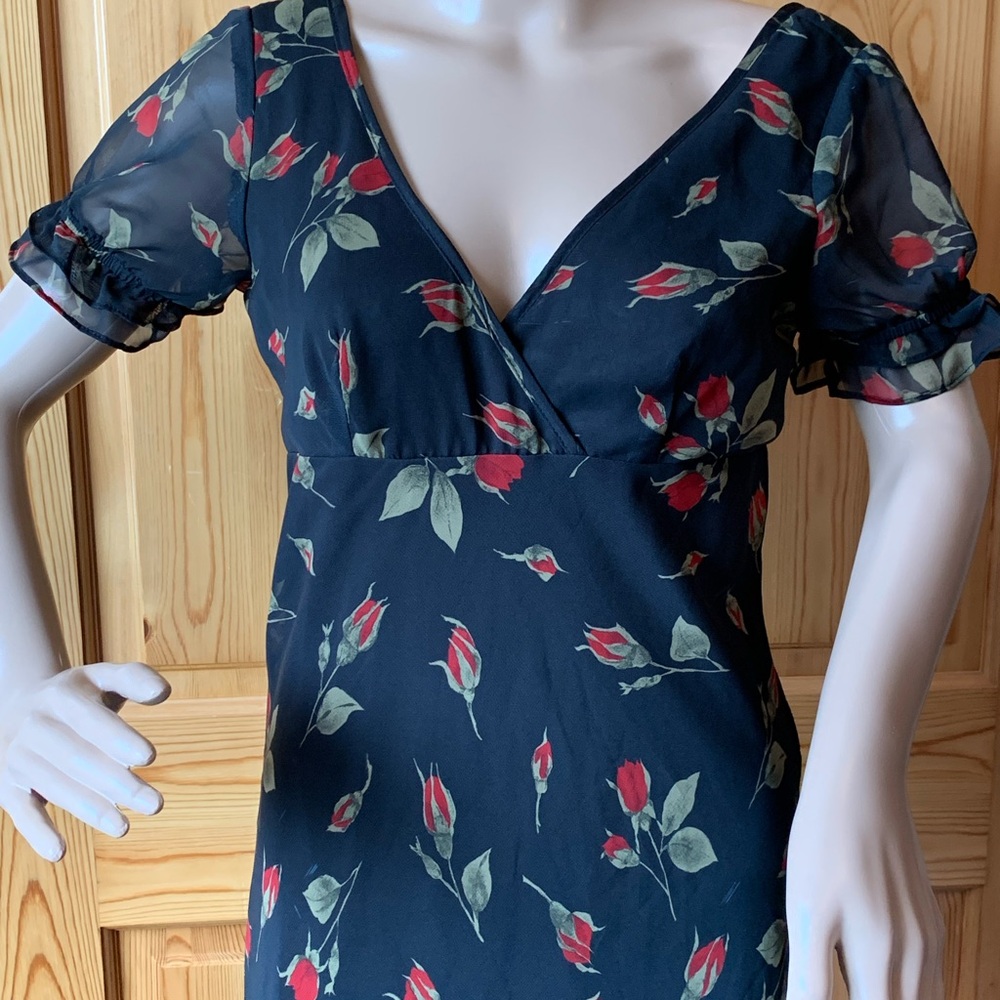 Vintage 90s Y2k Fredericks of Hollywood Black Red Midi Dress Roses Size 6 Floral - Picture 3 of 16